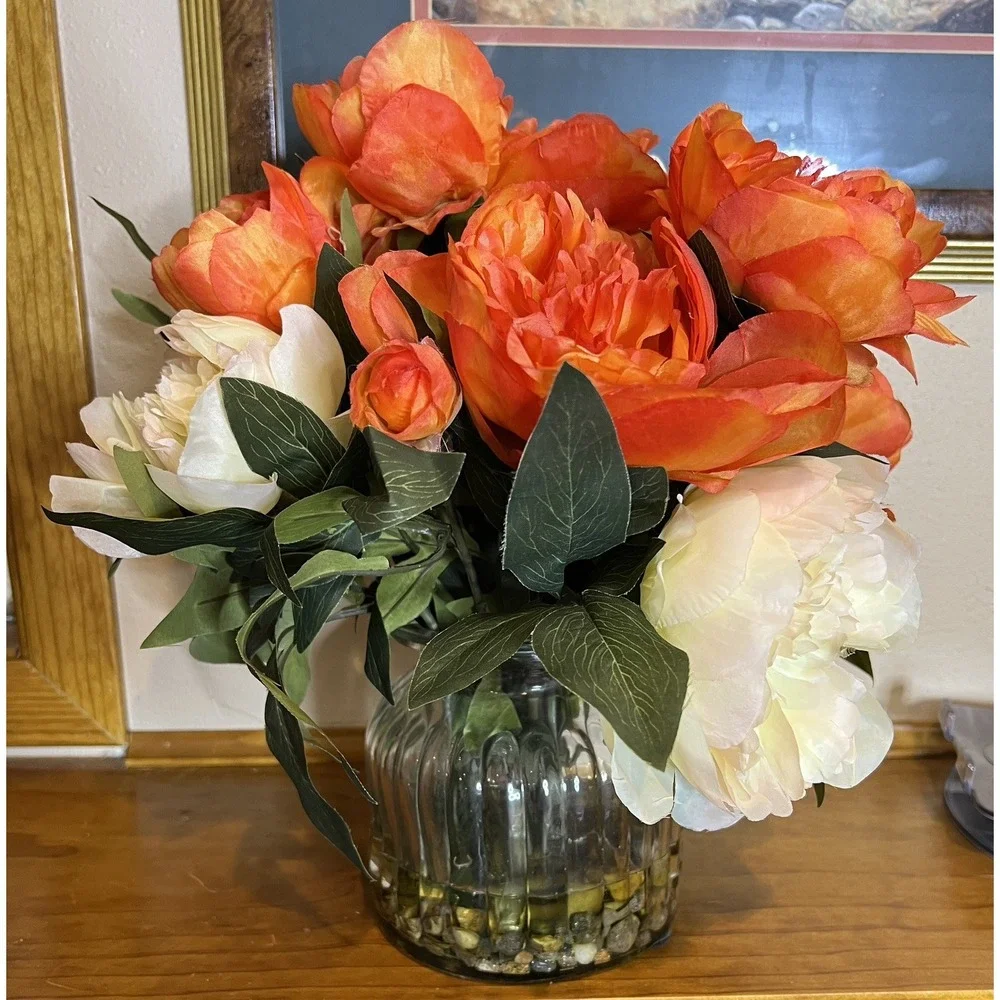LARGE ASSORTED SILK FLOWERS CLEAR‎ GLASS FAUX WATER CENTERPIECE VASE 15
